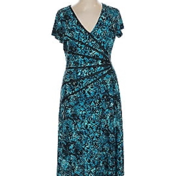 DressBarn Turquoise Cocktail V Neck Midi Dress V Neck Stretch Size 6 Petite. - Picture 7 of 7